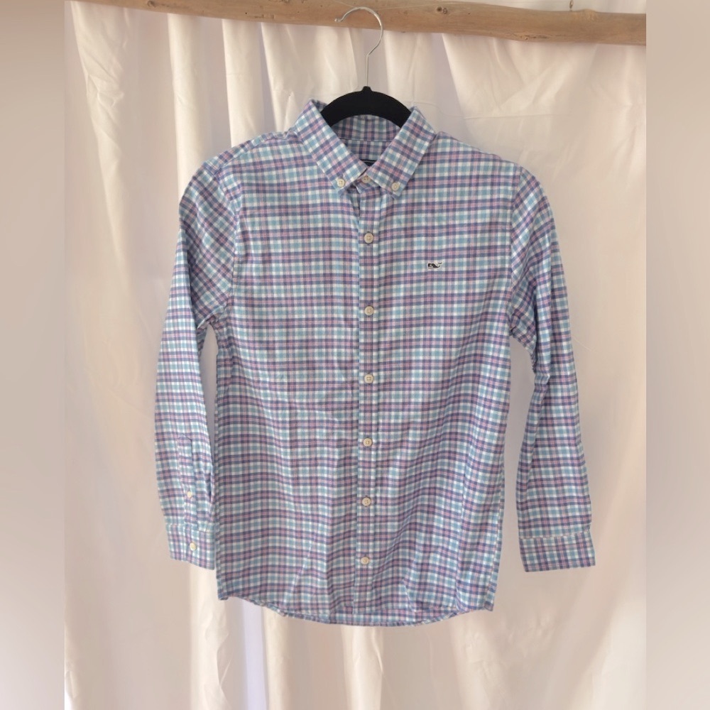 Vineyard Vines Flannel Blue and Pink Plaid Whale Shirt